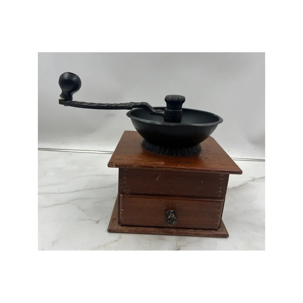 Vintage Olde Thompson Wood Coffee Mill Manual Hand Crank Grinder Cast Iron Black